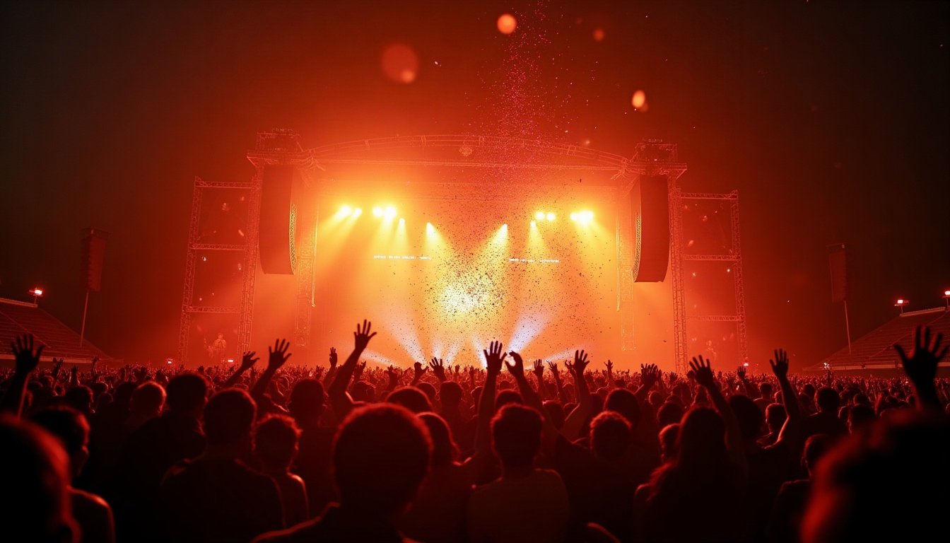 Scène de concert en plein air, lumières chaudes et public