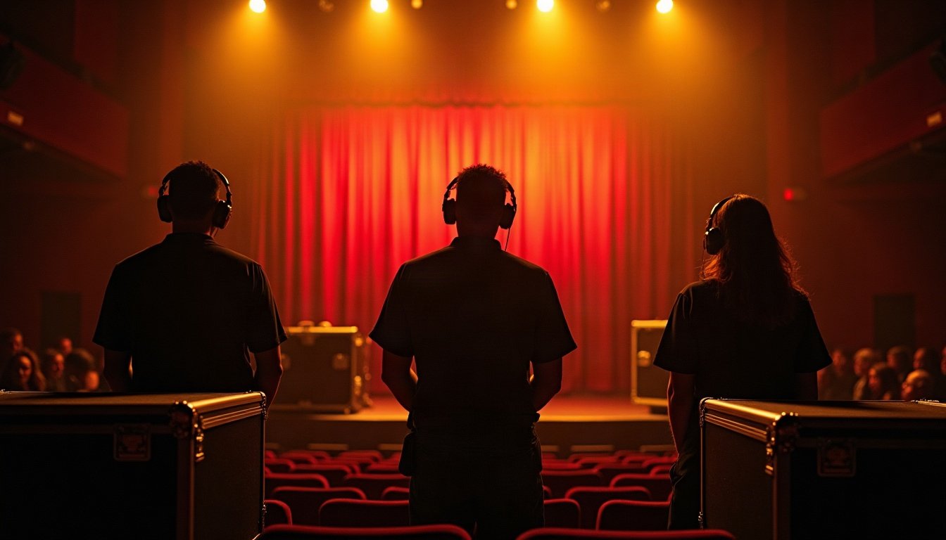 Coulisses d'un théâtre, flight cases et équipe