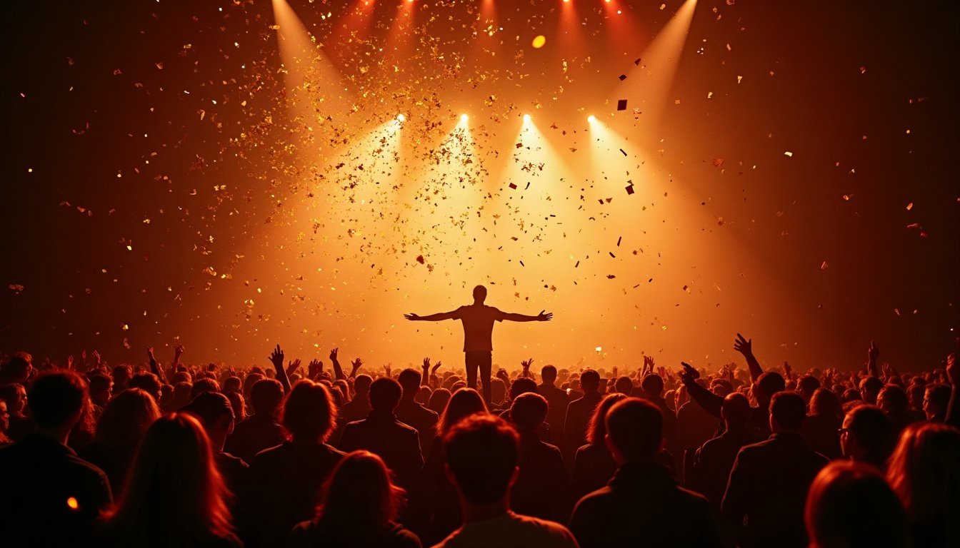 Final d'un spectacle, confettis dorés sur le public