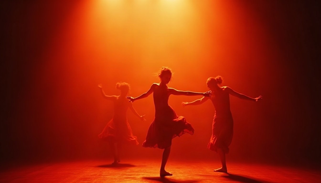 Spectacle de danse contemporaine sous une lumière rouge et or